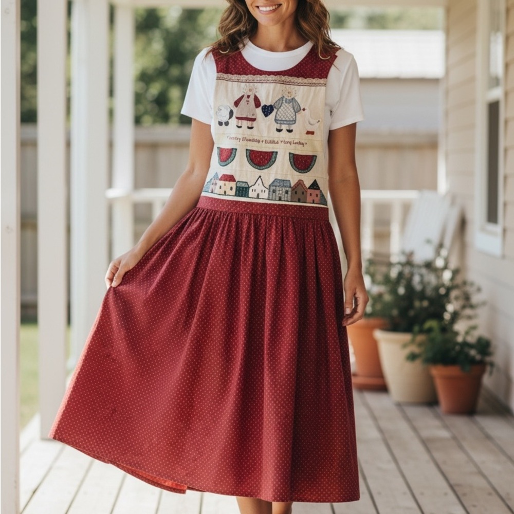 Handmade Red Pinafore Dress with Needlework Village Farm Design